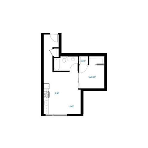 Floor plan for 1 bed, 1 bath, 523 sqft